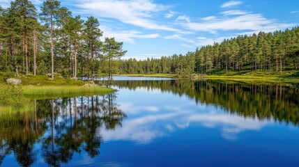 Fototapeta premium Serene Forest Lake Reflection in Clear Blue Sky