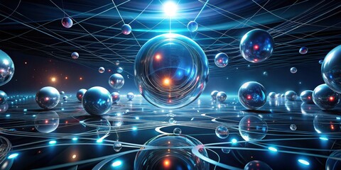 Fototapeta premium Futuristic Abstract Composition with Glowing Spheres and Lines in Dark Space