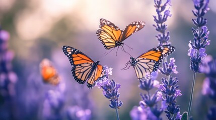Obraz premium Three butterflies fluttering among lavender flowers in a serene, natural setting.