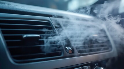 Smoke emanating from a car's air vent, suggesting a malfunction or unusual condition.