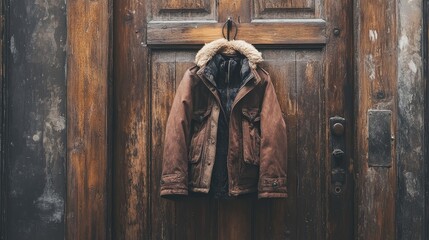Cozy Jacket Hanging on a Rustic Wooden Door