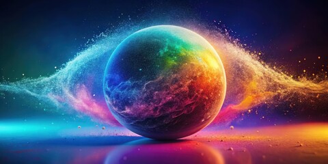 Fototapeta premium Abstract sphere dissolving into dust on colorful gradient background for design projects