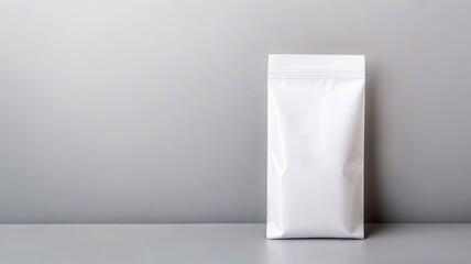 A plain white packaging bag stands upright against a textured gray background, presenting an empty, minimalist design for potential product display.