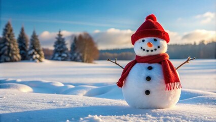 Fototapeta premium Snowman wearing a red hat standing in a snowy field, winter, Christmas, holiday, snow, cold, festive, children, decoration