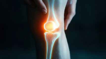 Close-up of a human knee joint with highlighted bones and ligaments, focusing on pain or inflammation with a glowing effect.