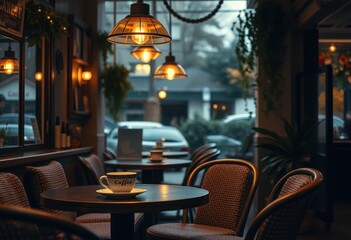 Cozy coffee shop ambiance with warm lighting