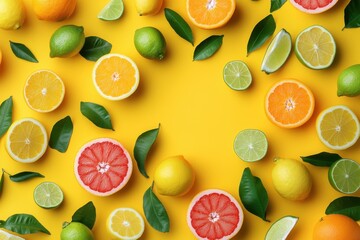 Bright citrus pattern with oranges, lemons, limes, and grapefruits on a vibrant yellow background, with ample blank space for commercial use text overlay