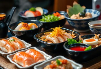 Delicious japanese cuisine spread sushi sashimi and noodles
