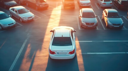 A white car parked in a sunlit parking lot surrounded by other vehicles.