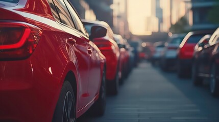 A row of parked orange cars in a city street during sunset, creating a vibrant urban scene.