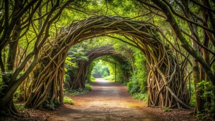 Obraz premium Natural archway created by intertwining tree branches in a lush forest setting, forest, natural, archway, branches, trees
