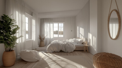  a white scandinave bedroom with a bed in clear wood. in the left a big win a white scandinave bedroom with a bed in clear wood. in the left a big window with curtains .dow with curtains .