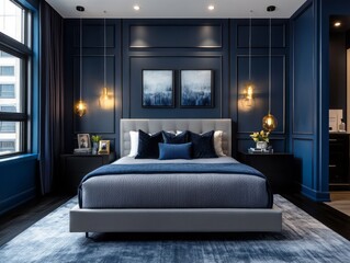 Modern bedroom features deep blue walls, geometric decor, and black accents for a sophisticated and chic atmosphere