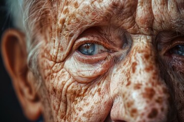 Close up of a senior man with blue eyes, showing wrinkles and liver spots, conveying a sense of wisdom and experience
