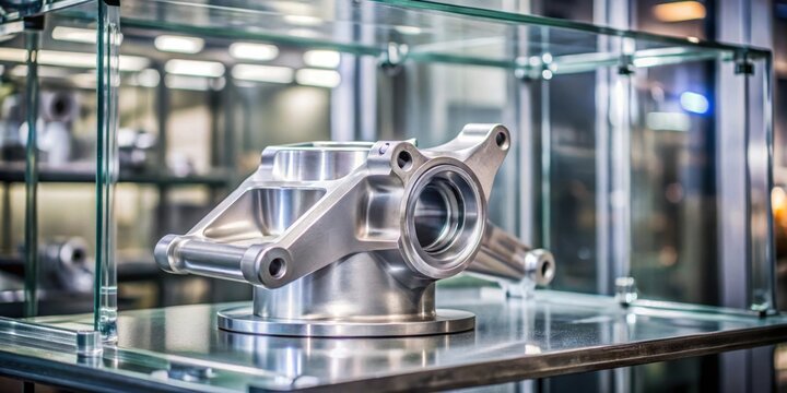 Sample aluminum gravity die casting part crown handle for motorcycle in glass cabinet shot blast peening process stock photo