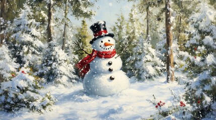 Obraz premium Snowy winter landscape with cheerful snowman in