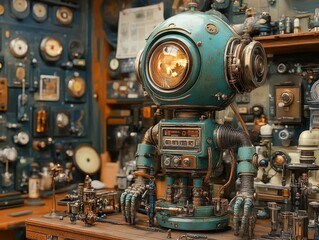 Steampunk robot in a vintage workshop, showcasing intricate designs and gadgets, perfect for technology enthusiasts and art lovers.