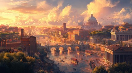 Fototapeta premium Stunning sunset landscape over a historic cityscape, showcasing majestic architecture, serene river, and vibrant sky.