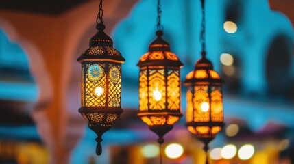 Obraz premium Illuminated traditional lanterns at dusk with intricate patterns