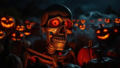 Spooky skeleton among grinning pumpkins