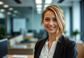 Obraz premium Blonde woman smiling jacket office background. Blonde woman smiling in jacket with office background. Perfect for business websites, blogs, magazines, and corporate presentations. 
