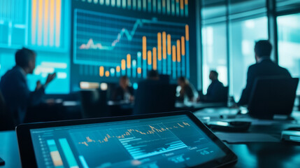 A high return on investment (ROI) report being presented in a corporate meeting, with excited investors and detailed financial growth charts on display