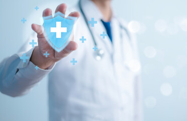 Doctor hand with plus sign and medical icons. Health insurance concept focusing on better access to health benefits and healthcare.