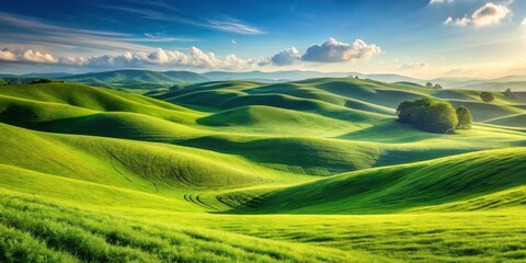 Obraz premium Rolling hills covered with lush green grass, scenic, landscape, nature, countryside, tranquil, peaceful, summer, outdoor