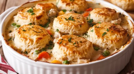 A hearty dish of chicken pot pie topped with golden biscuits, perfect for comfort food lovers.