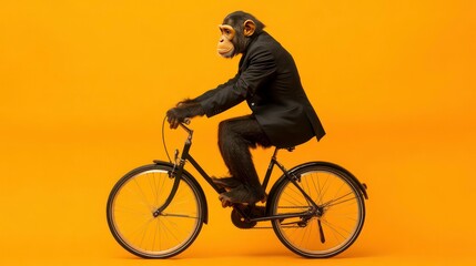 Naklejka premium A chimpanzee in a suit riding a bicycle against a yellow background.