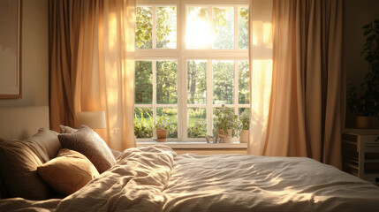 a cozy scandinavian adult bedroom in a photorealistic style. A large window with elegant beige eyelet curtains , soft light to fill the room in a late-afternoon glow. 