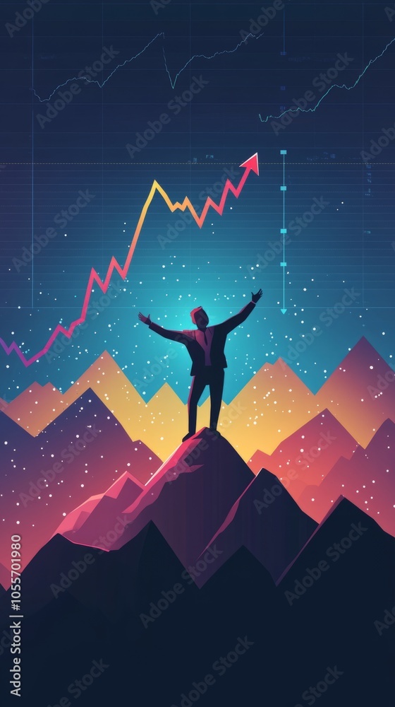 Poster A man is standing on a mountain with a large graph of numbers behind him