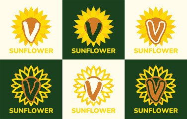 Fototapeta premium Set of letter V sunflower logo. This logo combines letters and sunflower shapes. Suitable for flower shops, flower farms, flower accessories shops and the like.