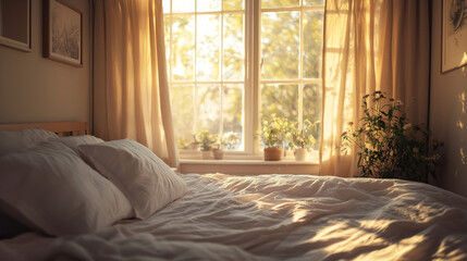 Fototapeta premium a cozy scandinavian adult bedroom in a photorealistic style. A large window with elegant beige eyelet curtains , soft light to fill the room in a late-afternoon glow. 