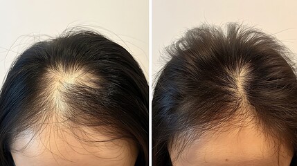 A before and after photo of a hair loss treatment, Before and after people head