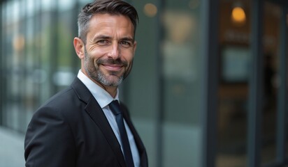 Confident businessman with friendly smile standing against office building