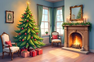 Holiday interior with Christmas tree and fireplace.