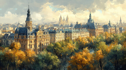 Obraz premium Scenic view of old european houses amidst autumn trees for artistic design