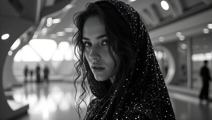 portrait of a futuristic woman in black and white