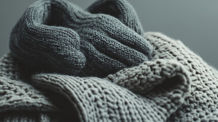 Close-Up of Grey Knitwear Layers in Soft Lighting