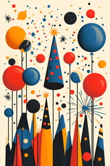 A retro poster celebrating New Year’s Eve with illustrated party hats, balloons, and confetti