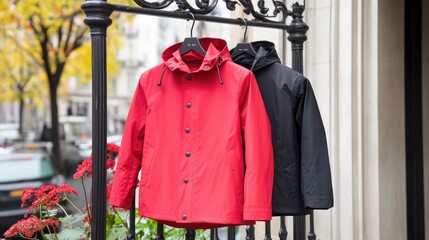 Obraz premium Stylish Jackets Displayed on a Rack in Urban Setting