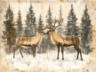 Fototapeta premium A vintage poster featuring a snowy forest scene with reindeer