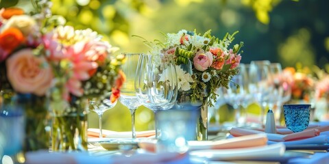 Elegant outdoor wedding table setting, floral centerpiece