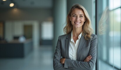 Confident businesswoman smiling brightly in modern office setting