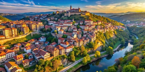 Fototapeta premium Aerial view of sunny morning in Veliko Tarnovo, Bulgaria , Veliko Tarnovo, Bulgaria, aerial shot, foggy