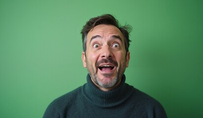 Fototapeta premium Man with surprised expression reacting enthusiastically against green background with copy space