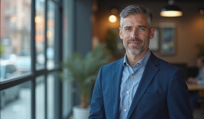 Fototapeta premium Confident businessman with friendly smile standing in modern office against window