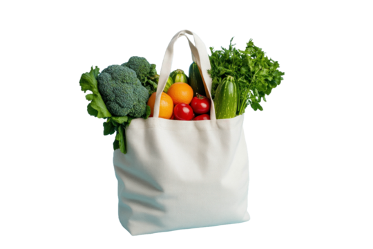 Reusable Canvas Grocery Bag Filled With Vegetables And Fruits On Transparent Background. Reusable Bag With Fresh Groceries