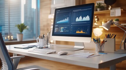 Modern Desk Setup with Data Display on Screen